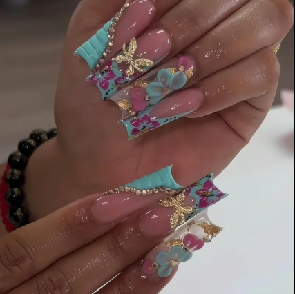 CTTHNBD Press on Nails Long - Square Fake Nails with Flower Butterfly Design - Blue, Full Cover Stick on False Nails - for Women 24 Pcs, 4pack