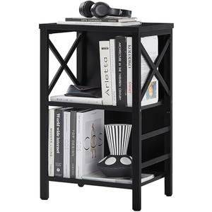 MNEETRUNG Small Bookshelf,3 Tier Industrial Bookcase with Metal Frame and Backboard, Low Black Book Shelf, Book case for Small Spaces, Living Room, Bedroom and Home Office