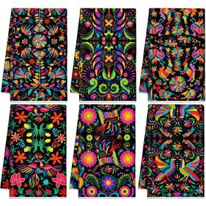 Breling Set of 6 Mexican Kitchen Towels Colorful Flowers Mexican Themed Dish Towel Bathroom Decorative Christmas Hand Cloths Decor for Holiday Kitchen Bathroom Home Cooking, 14 x 21 Inch (Black)