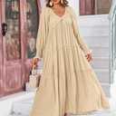 R.Vivimos Maxi Dress for Women Long Sleeve V Neck Empire Waist Layered Ruffle Boho Casual Flowy Long Dresses