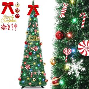 [ Timer ] 6 Ft Pop Up Christmas Tinsel Tree, Green Collapsible Christmas Tree with 50 Colorful Light 16 Candy 10 Ball 4 Snowflake Merry Christmas Bow DIY Ornaments Battery Operated Xmas Decor Indoor