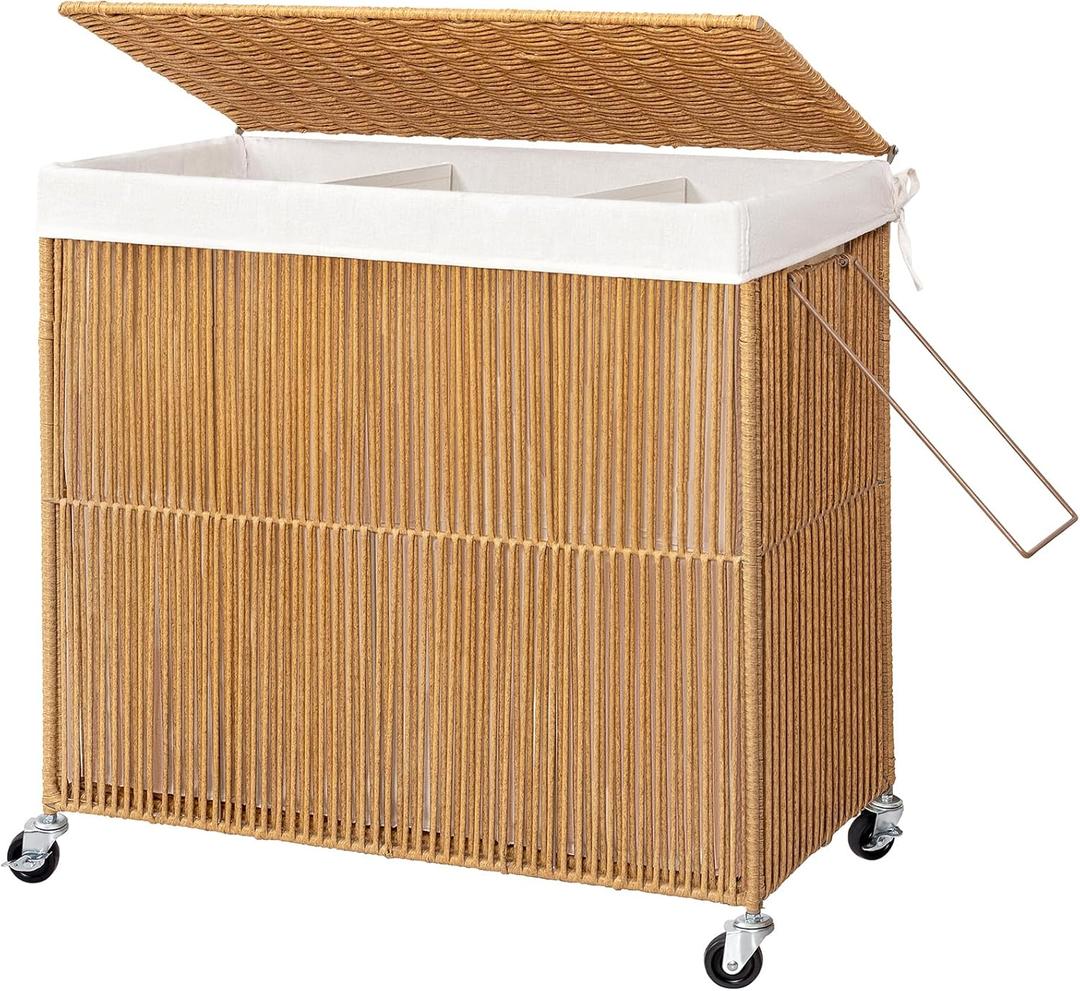 WOWLIVE Laundry Hamper with Wheels, 160L Handwoven Rolling Laundry Basket 3 Section with Lid, Clothes Hamper with Removable Liner Bags, Large Capacity Laundry Sorter Laundry Room Organization, Natural (150l(28.4 X 13 X 26.4 Inches))