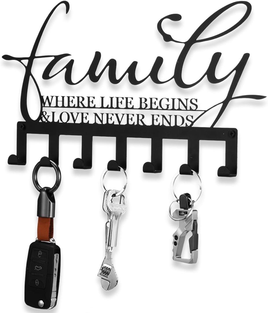 Hicarer Family Key Holder Metal Hooks Decorative Hanger Black Rack Wall Mount Organizer with Screws and Anchors for Keys Hat Kitchen Entryway Front Door Home Decor(Classic Style)