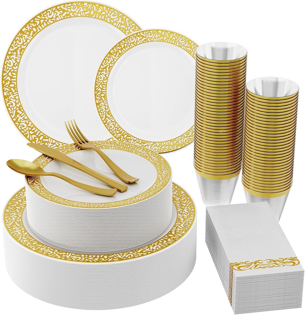 210 Count Gold Plastic Dinnerware, Gold Disposable Plates, Includes: 30 Dinner & 30 Dessert Plates & 30 Cups & 30 Paper Napkins & 30 Plastic Silverware Set -for Thanksgiving, Christmas, Parties