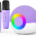 goopow Mini Karaoke Machine Speaker for Kids Adults, Portable Bluetooth Microphone Song Toys with LED Light, Best Chritmas Birthday Festival Gift for 3 4 5 6 7 8+ Year Old Girls Boys (Purple-2MIC)