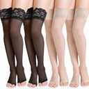 Sintege 4 Pairs Open Toe Stockings for Women Holdups Sheer Toeless Lace Top Thigh High Stockings for Women Open Toe Shoes