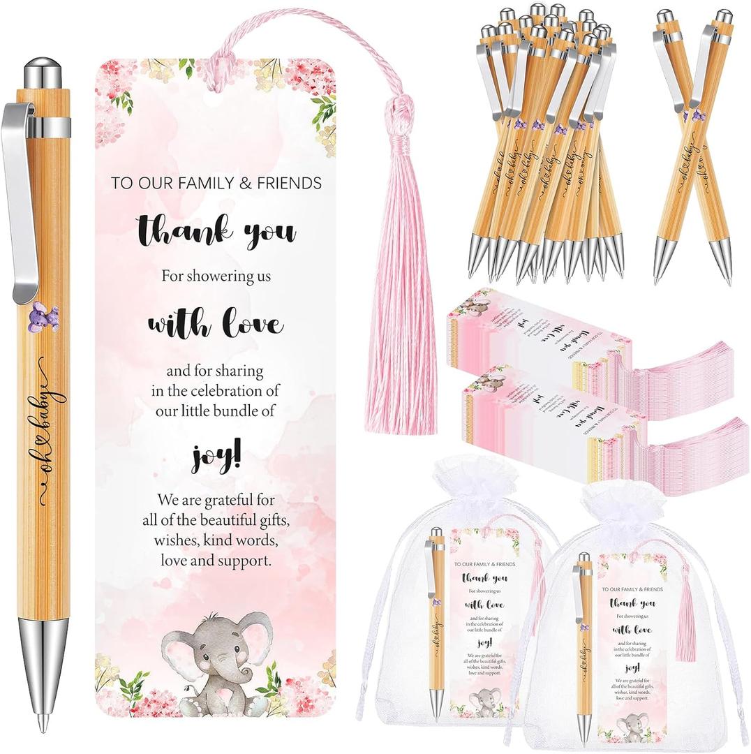 50 Sets Baby Shower Favors for Guests, Includes Bamboo Ballpoint Pens Thank You Bookmarks Organza Bags Baby Shower Party Favors Gender Reveal Gifts for Guest Game Prizes Souvenirs Return Gifts (Pink)