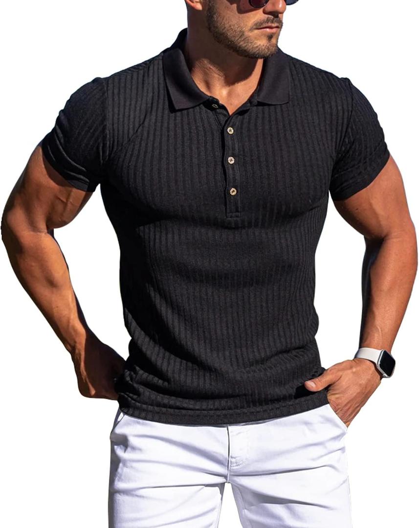 Collared Muscle Polo Shirts Men Slim Fit Textured Knit Polo Shirts Short Sleeve Button Down Shirts Casual Stylish (Black, L)