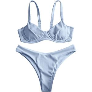 ZAFUL Women's Ribbed Underwire Bikini Set High Cut Colorblock V Notch Swimwear Printed High Leg Swimsui,Blue 