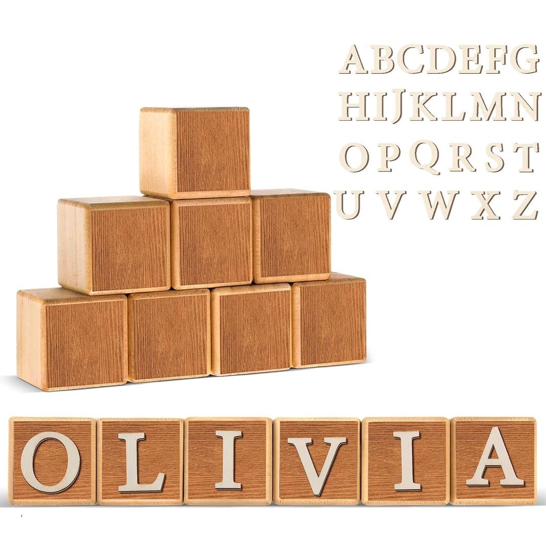 Kigley 8 Pcs Custom Wooden Name Sign 8 Letter Blocks and 78 Wooden Letter Name Wooden Cubes Wooden Blocks for Montessori Shower Name Alphabet Wood Signs(Wood)