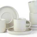 famiware Star Espresso Cups and Saucers Set of 4, [ Mini ] 3 oz Ceramic Small Coffee Mug with Handle, Ribbed Stoneware Demitasse Cup for Tea, Latte - Microwave & Dishwasher Safe - Matte White