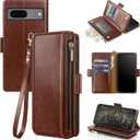 Antsturdy Compatible with Google Pixel 7a Case Wallet with Card Holder Women Men Phone Case RFID Blocking PU Leather Kickstand Flip Protective Cover Wrist Strap Zipper Credit Card Slots,Brown