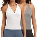 ODODOS 2-Pack Seamless Henley Tank for Women Open Back Button-up Ribbed Sleeveless Tops, White+Gray, X-Small/Small
