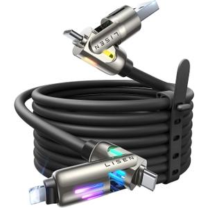 LISEN USB C to Lightning Cable, 240W 4 in 1 Charging Cable 10FT, Chubby USB A/C to C/Lightning with Light for iPhone 16e 16 15 14 Pro/MacBook/iPad/Samsung S25/Switch, Multi Chargers for All Devices, Black