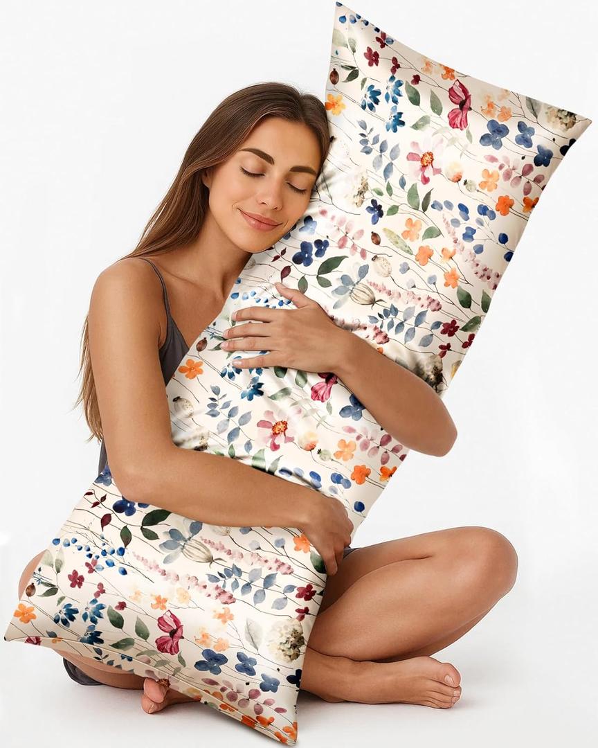 Silk Body Pillow Cover with Zipper - 20x54 Inch Silk Long Pillow Case for Women Ladies Adults Soft Bed Decorative Cute Boho Large Body Pillowcase Sham for Hair and Skin, Watercolor Flower