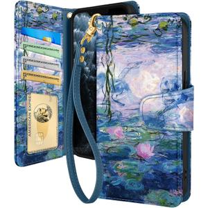 Toycamp for iPhone 11 Pro Wallet Case with Wrist Strap - Leather Flip Folio Phone Case with RFID Blocking 4 Card Holder for Apple for iPhone 11 Pro Funda Cute Aesthetic for Women Ladies, Water Lily