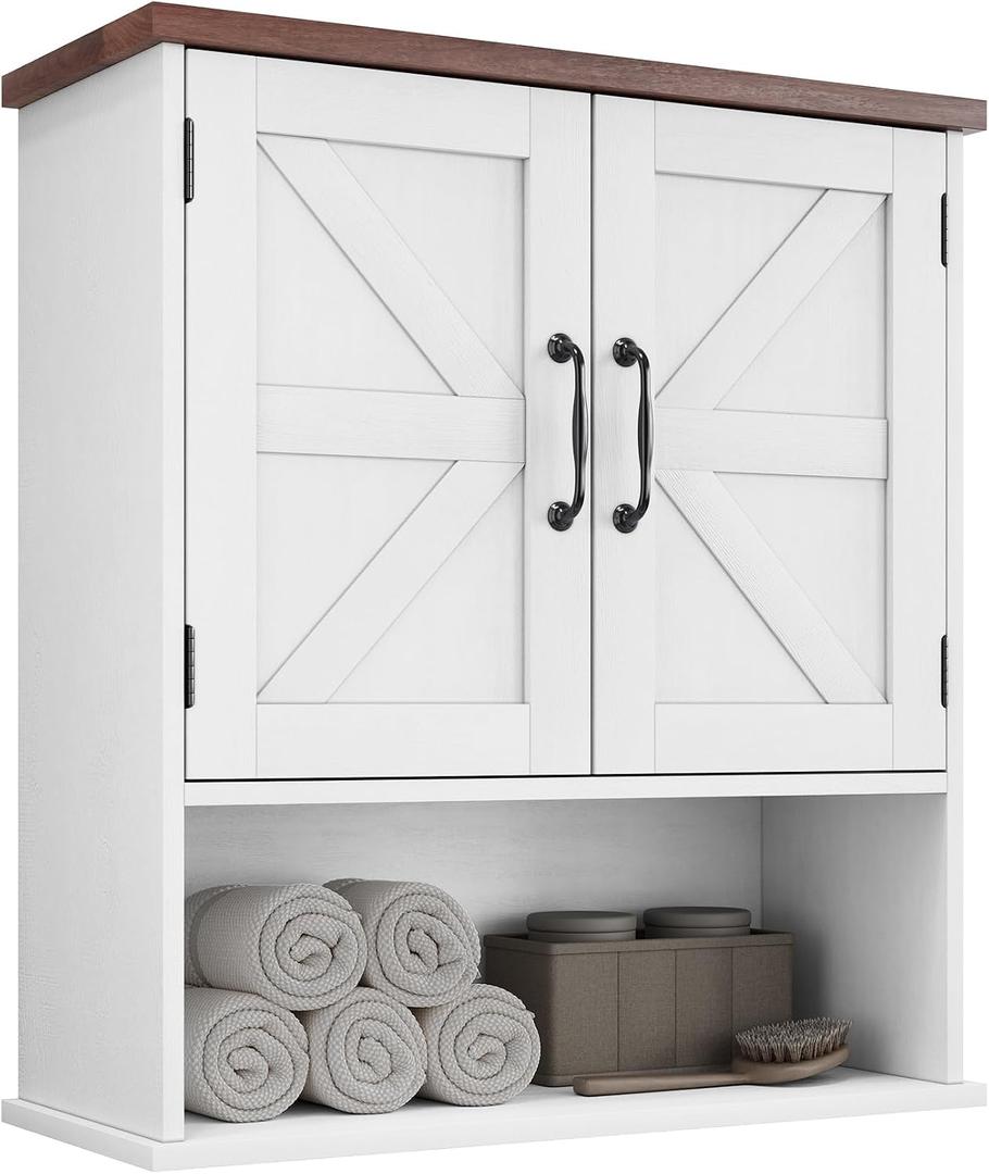 Bathroom Wall Cabinet with Barn Doors, Wall Mounted Bathroom Cabinet, Farmhouse Style, Adjustable Shelf, Wall Mounted Medicine Cabinets, White, Small Bathroom Cabinet