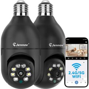 Jennov 2K Light Bulb Security Camera Wireless Outdoor, Indoor Light Socket Cameras for Home Security, Human Detection, 355, Color Night Vision, 5G/2.4G WiFi, Screw in, Compatible with Alexa (Black)