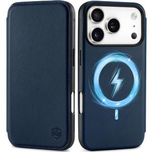 SHIELDON Slim Case Wallet for iPhone 17 Pro 6.3-inch 5G 2025 | Genuine Leather, Wireless Charging, RFID Blocking Credit Card Slot, Magnetic Closure, Flolio Shock Absorbing Cover - Navy Blue