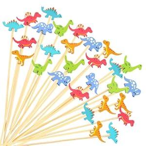 Domensi 300 Pcs Dinosaur Cocktail Picks 4.7 Dinosaur Food Skewers Fancy Toothpicks Dino Appetizers Bamboo Fruit Stick for Sandwich Cupcake Charcuterie Skewers for Birthday Wedding Party Supplies