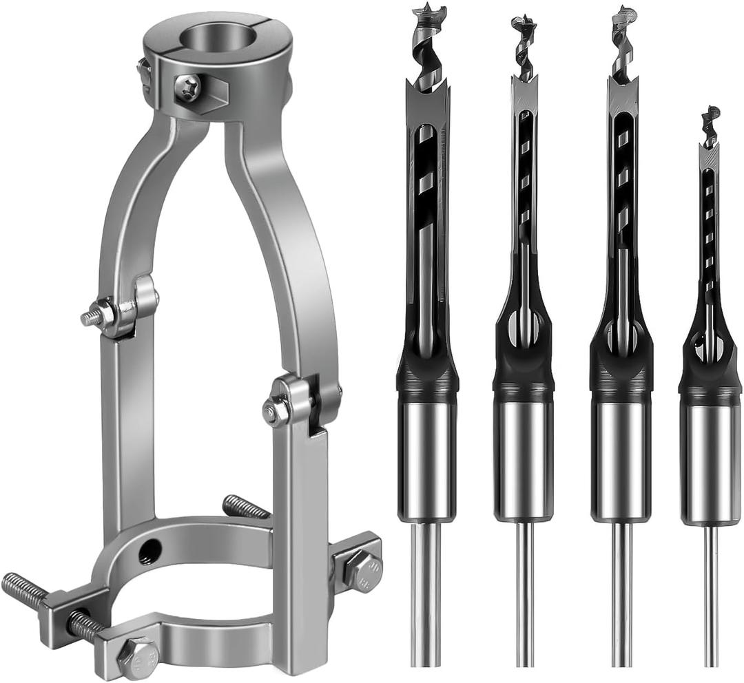 Square Hole Drill Bit Adapter and Square Hole Drill Bit Set for Wood Mortising Attachment Drill Press Hollow Chisel Mortise Drill Tool for Mortise Machine (5 Pcs,1/4, 5/16, 3/8, 1/2'')