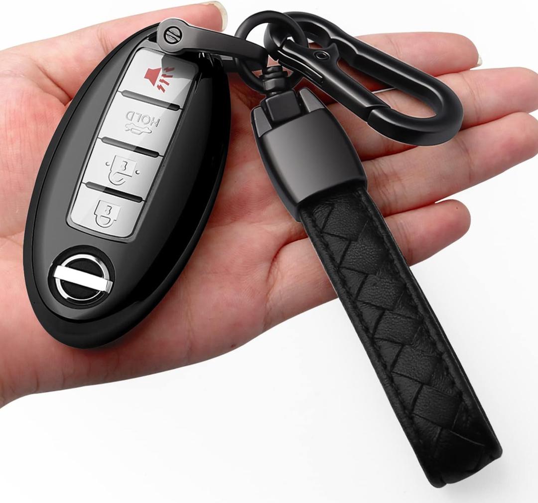 Autophone Compatible Nissan Altima Maxima Rogue Armada Pathfinder Key Fob Cover with Leather Keychain, Black, 4-Button, TPU Material, 360 Protection