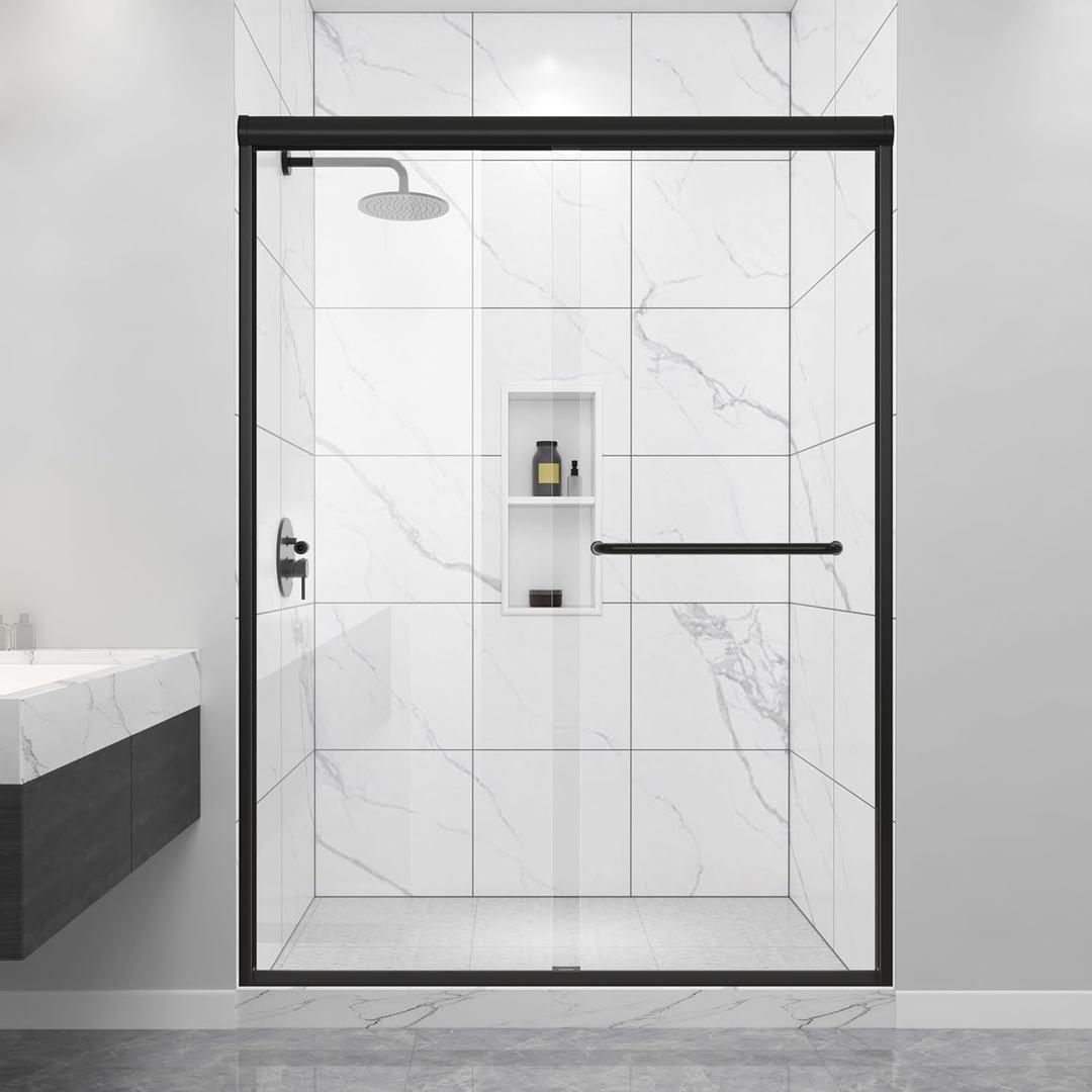 50-54" W x 72" H Semi-Frameless Double Sliding Shower Door Framed Bypass Glass Shower Doors with 1/4" (6mm) Clear Tempered Glass in Matte Black