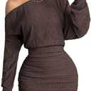 Milumia Women's Off Shoulder Fall Dress Asymmetrical Long Sleeve Ruched Bodycon Pencil Mini Dresses Chocolate Brown Petite M