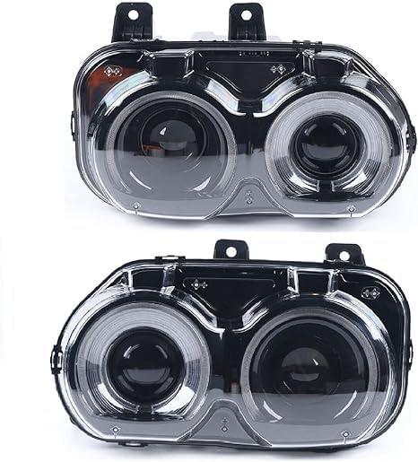 Front Headlight Assembly For 2015 2016 2017 2018 Dodge Challenger, Left Driver+Right Passenger Side Replacement, Halogen Headlamp Black Housing Clear Lens