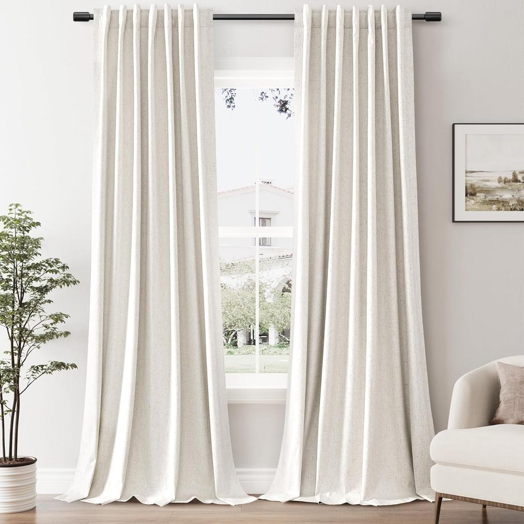Cream Full Blackout Linen Curtains 90 Inch Length 2 Panels for Bedroom Back Tab Rod Pocket Thermal Insulated 100% Black Out Linen Drapes Living Room Darkening Window Curtains 90 Inches Long (Natural Beige)