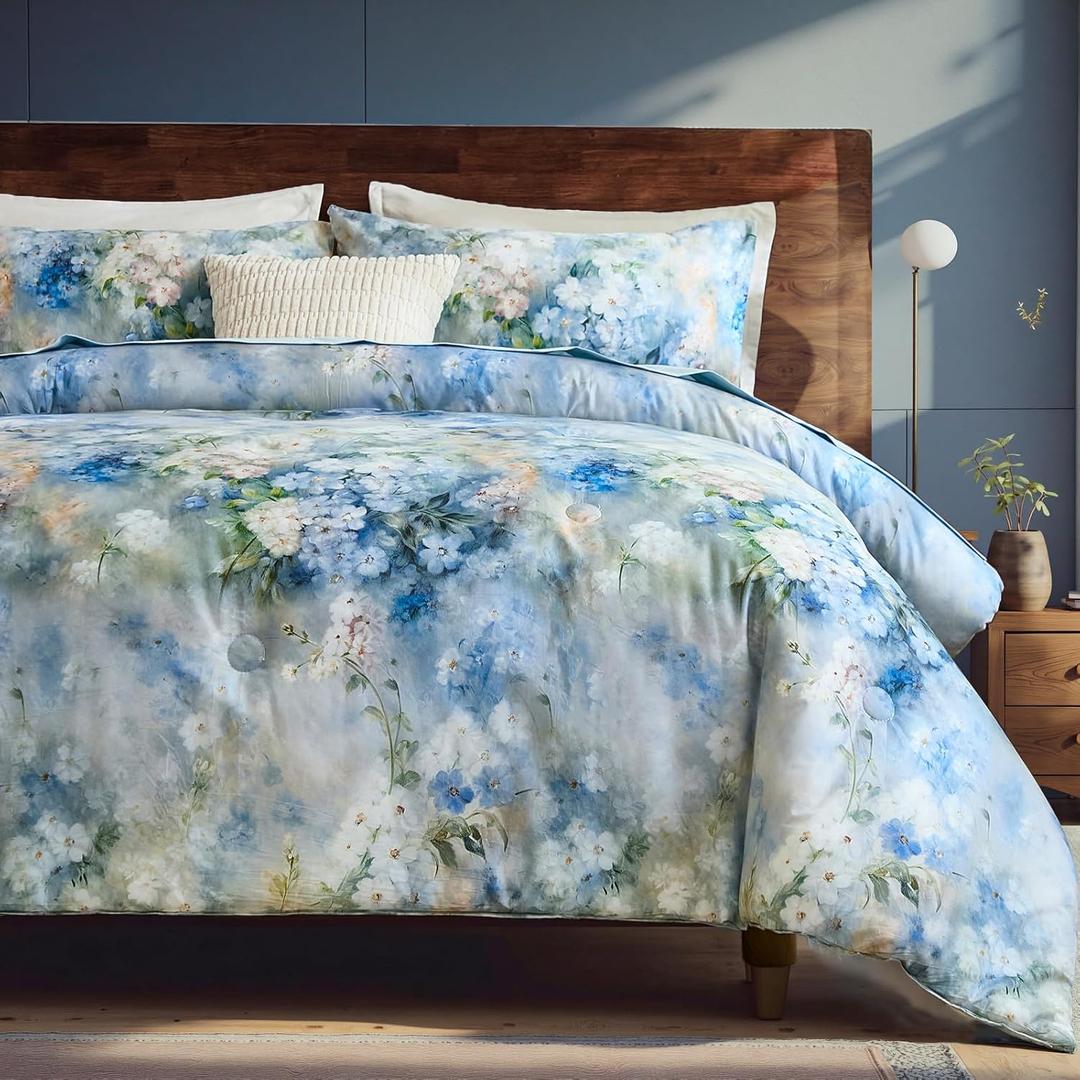 Bedorm Floral Queen Comforter Set 100% Cotton Bedding Blue White Flower Botanical Comforter Monet Style Bedroom Decor Vintage Bedding Comforter All Season