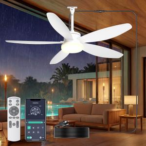 Outdoor Ceiling Fan with Lights, 42 Inch Plug in Gazebo Fans with Remote APP Control, Quiet DC Motor, Dimmable 3CCT, Waterproof Hanging Fans for Patios, Porch, White