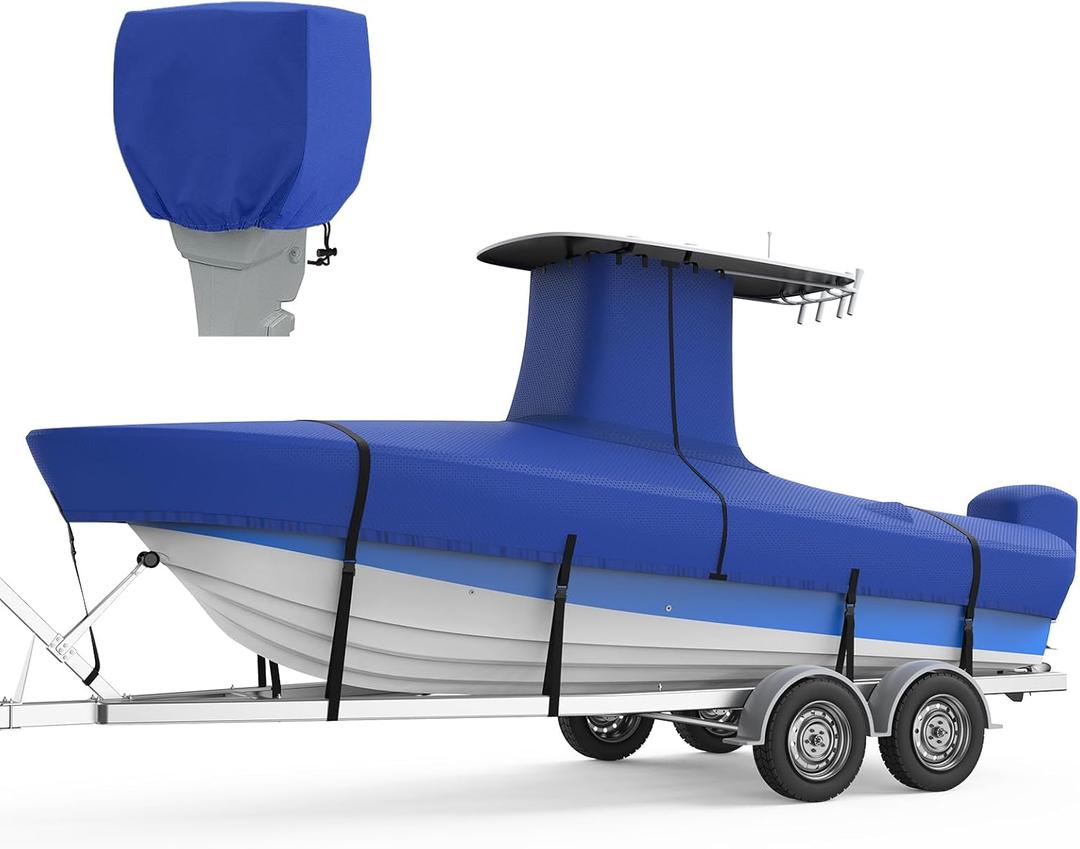 RVMasking Upgraded 1200D T-Top Boat Cover 100% Waterproof Heavy Duty Tear-Resistant Polyester with Motor Cover for Center Console Boat with T TOP Roof, 20'-22' Long Beam Width up to 106", Blue