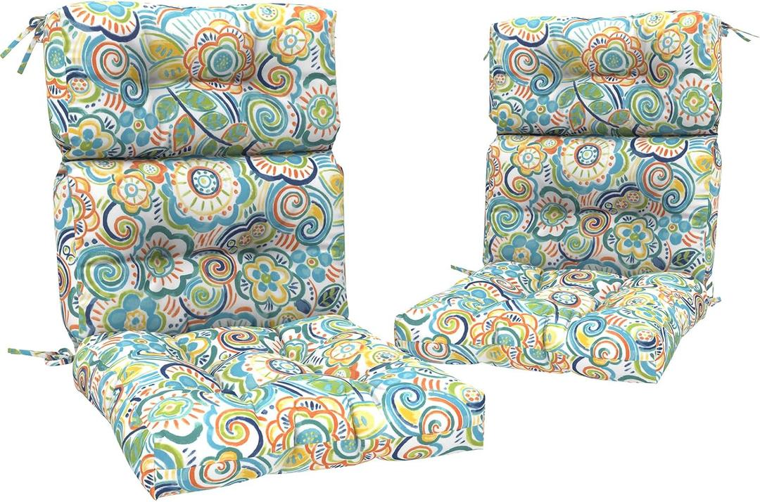 Outdoor High Back Chair Cushions Set of 2, Waterproof Chair Cushions for Patio Home Garden, Replacement Rocking Chair Cushion with tie 22" W x 20" D, Flower Blue