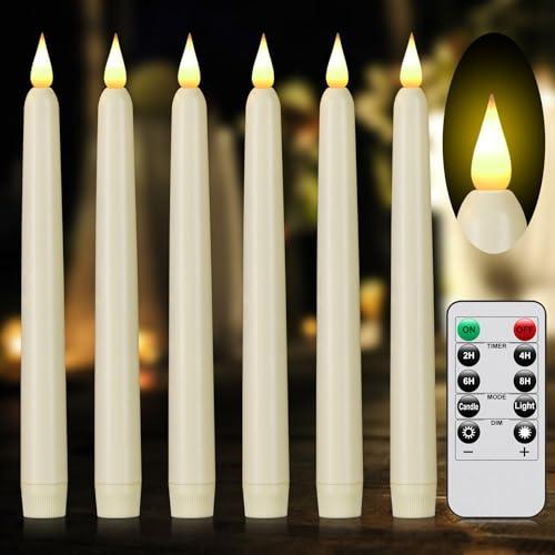 Flameless Taper Candles with Remote Control and Timer, Battery Operated LED Candlesticks with Flickering 3D Flame, 9.6×0.8 Inches Plastic Fake Candles for Christmas, Wedding and Home Decor (Ivory, 6)