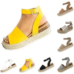 DevilAngel Women's Topic Open Toe Buckle Ankle Strap Espadrilles Flatform Synthetic Summer Casual Wedges Sandals (9, Yellow)