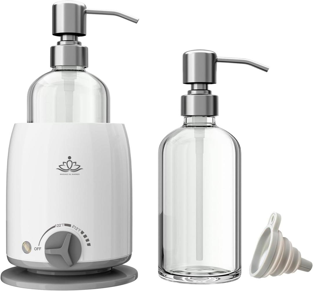 Oil Warmer Dispenser Heated Accelerated Absorption with Perspectivity Glass Bottle Massage Oil Lotion Warmer Heater for Massage Therapy Spa