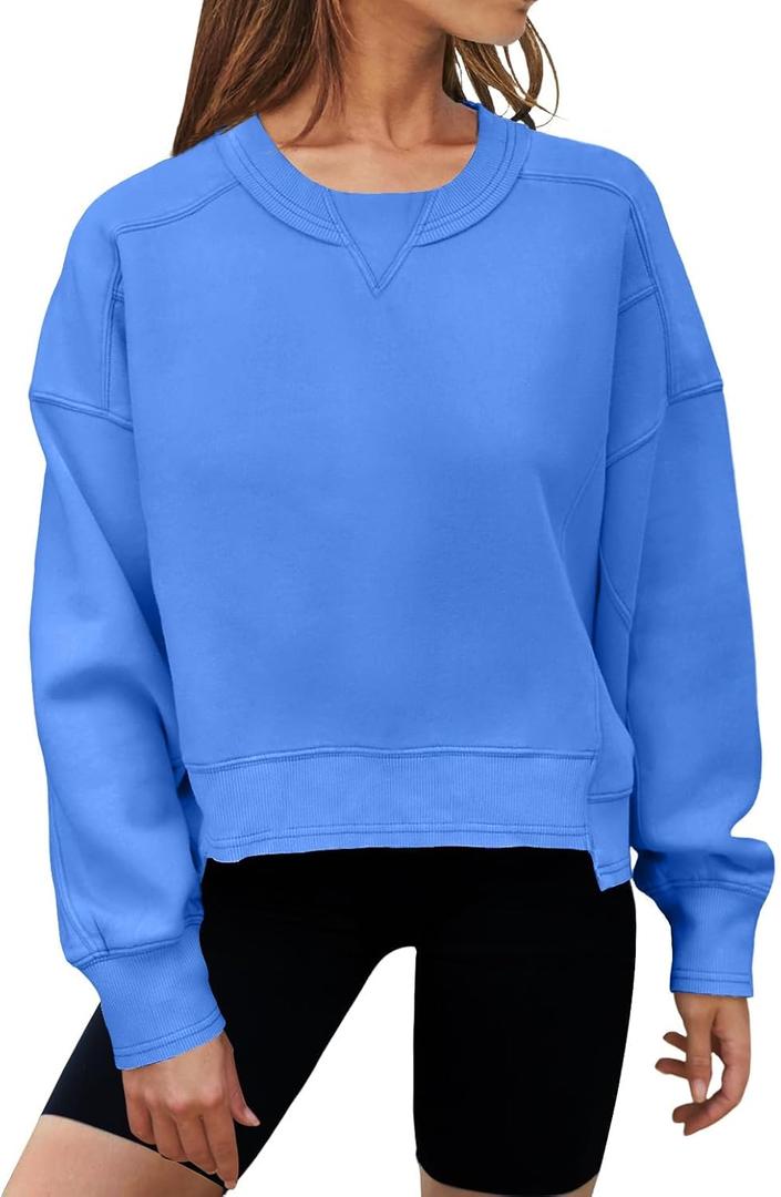 MEROKEETY Women's Oversized Cropped Sweatshirts Crewneck Fleece Workout Pullover Sweater Fall Outfits (M, Blue)
