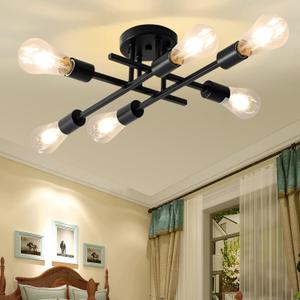 Industrial 6-Lights Semi Flush Mount Ceiling Light, Farmhouse Close to Ceiling Light Fixture, Modern Kitchen Sputnik Chandelier for Bedroom, Bathroom, Dining Room, Living Room, Matte Black