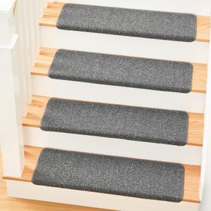 MBIGM Bullnose Non-Slip Stair Treads w/Reusable Adhesive 14 Pack 9.5" x 30" Wooden Steps Protection - TPU Backing with Steel Reinforcement - Anti-Slip Solution Knitted Dark Gray Non Slip Stair Tread