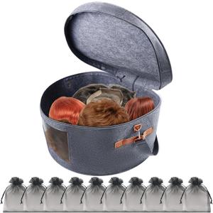 Wig Storage Boxes,Wig Travel Cases Foldable for Multiple Wigs for Men and Women,Yarn Organizer, Cosmetic Cabinet Storage Bag (Medium Grey)