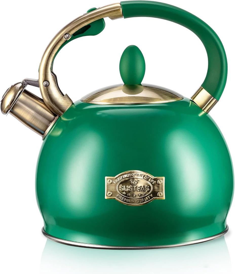 SUSTEAS Stove Top Whistling Tea Kettle - Food Grade Stainless Steel Teakettle Teapot with Cool Touch Ergonomic Handle, 2.64 Quart (Green)