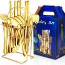 24-Piece Gold & Silverware Set with Hanging Rack Caddy - Stainless Steel Flatware for 6, Mirror Polished Cutlery Utensil Set - Kitchen Tableware with Forks, Spoons & Knives