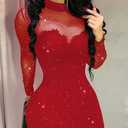 Womens Long Sleeve Bodycon Mini Dress Mock Neck Sheer Mesh Patch Night Out Party Short Dress (Red, L)