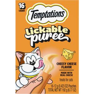 Temptations Creamy Puree Squeezable Lickable Cat Treats, Wet Cat Treats with Cheese, 0.42 oz. Tubes, 16 Count (EXP 07/31/27)