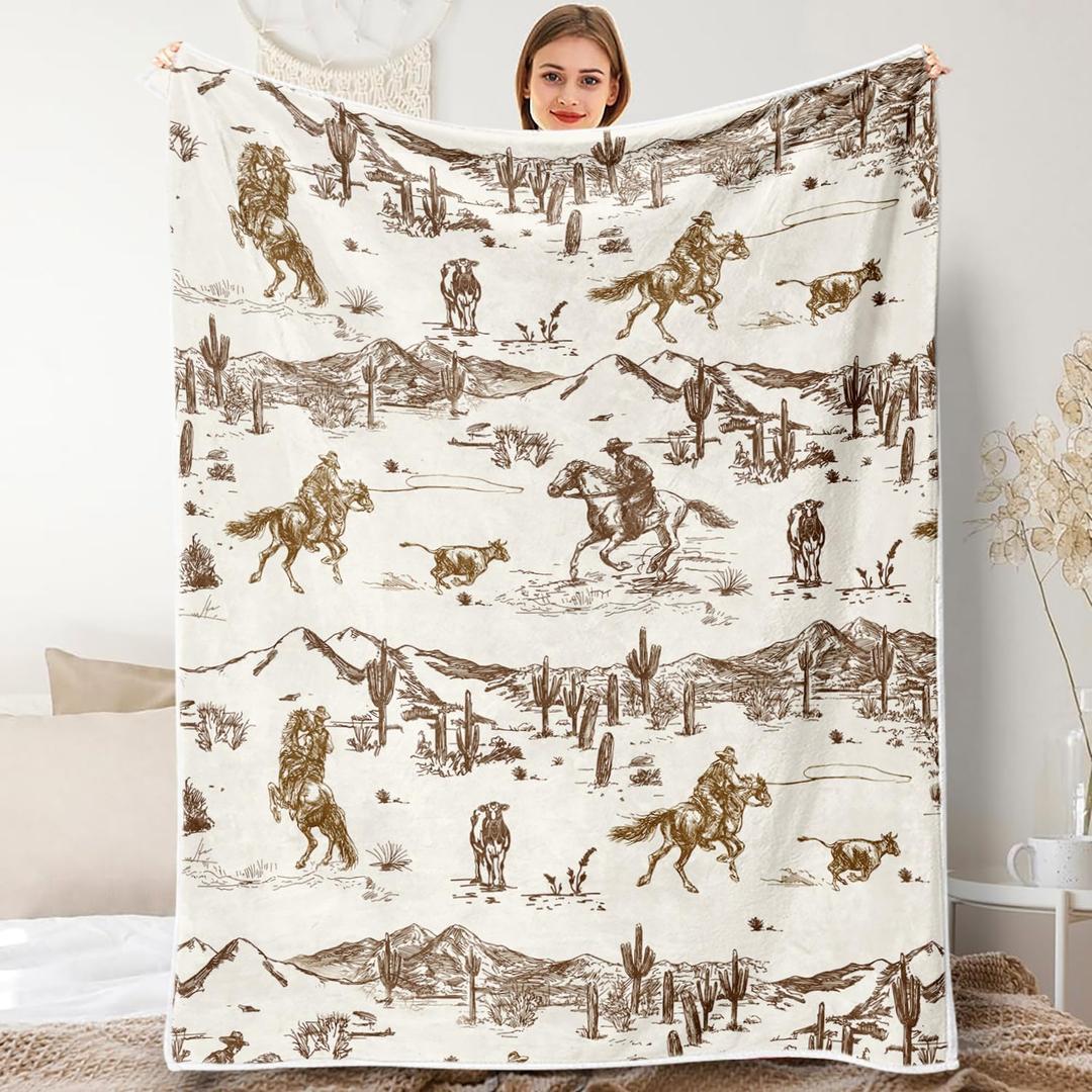 Western Cowboy Throw Blankets, Vintage Wild West Flannel Warm Soft Cozy Fluffy Bed Couch Blanket, Country American Theme White Fleece Throws to Decoration The Room and Bedroom 50 x 60