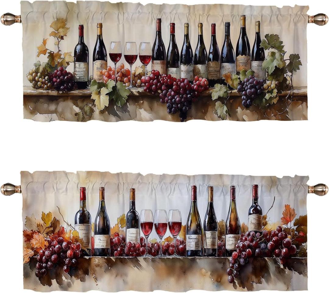 Rustic Red Wine Kitchen Curtains Set of 2 Watercolor Painting Wine Bottle Decoration Window Valances Curtains Drapes for Kitchen Bedroom Window Treatment Valances 54x18in