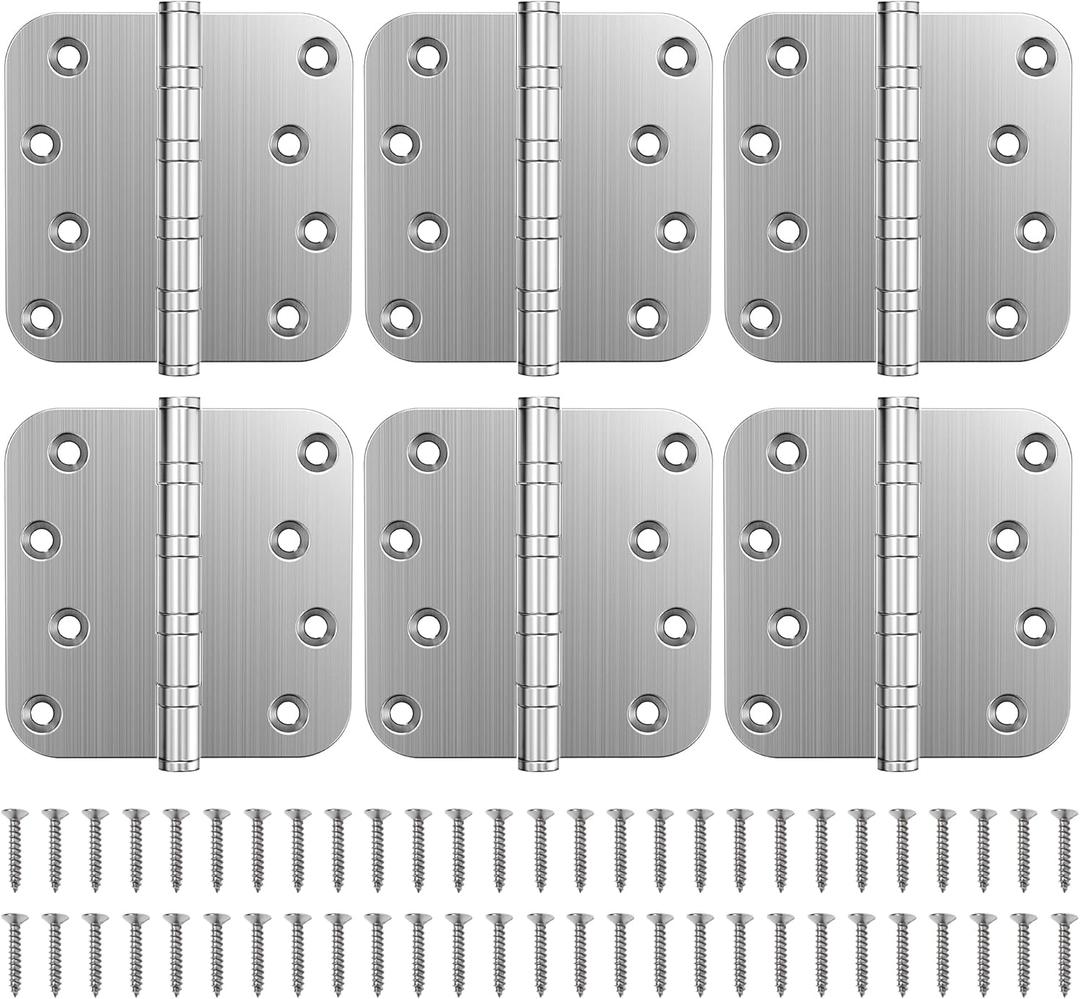 KOLET Ball Bearing Door Hinges, 4 x 4 Inches Door Hinges, 5/8'' Radius Corner Hinges, Heavy Duty Stainless Steel, Smooth and Quiet, Non Removable Pin, Brushed Nickel, 6 Pack
