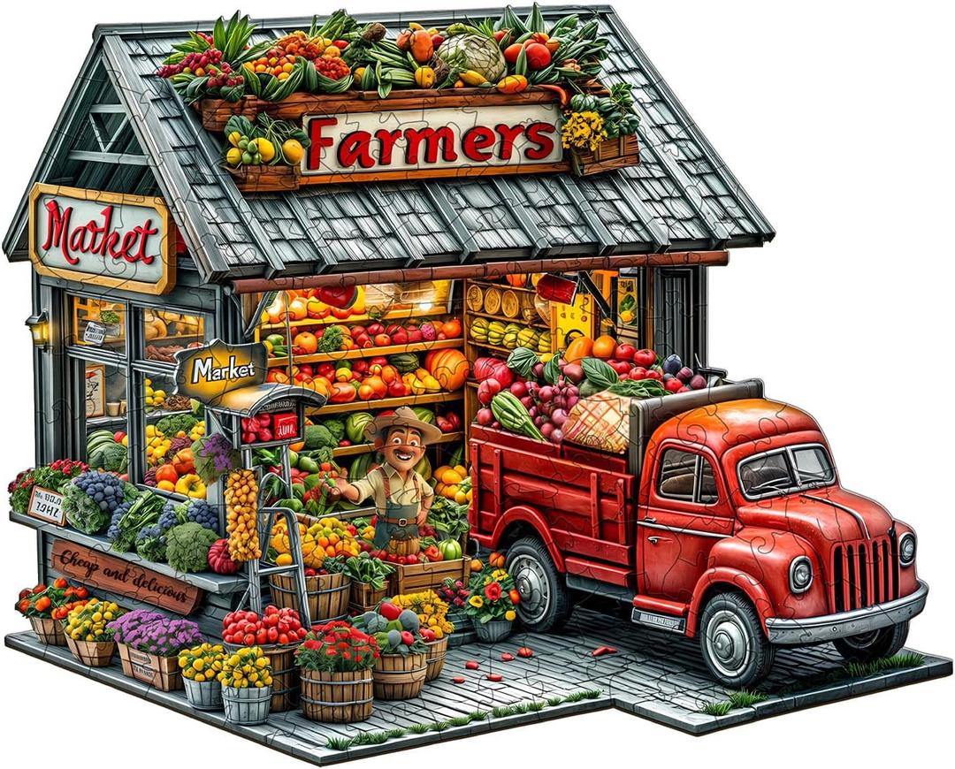 Wooden Puzzles for Adults - Farmers Market Wooden Puzzle, Unique Shape Wood Jigsaw Puzzle for Adults, Wood Puzzles Adult, Gifts for Family, Wall Art Home Decor (85pcs 8.5 * 6.8in S)