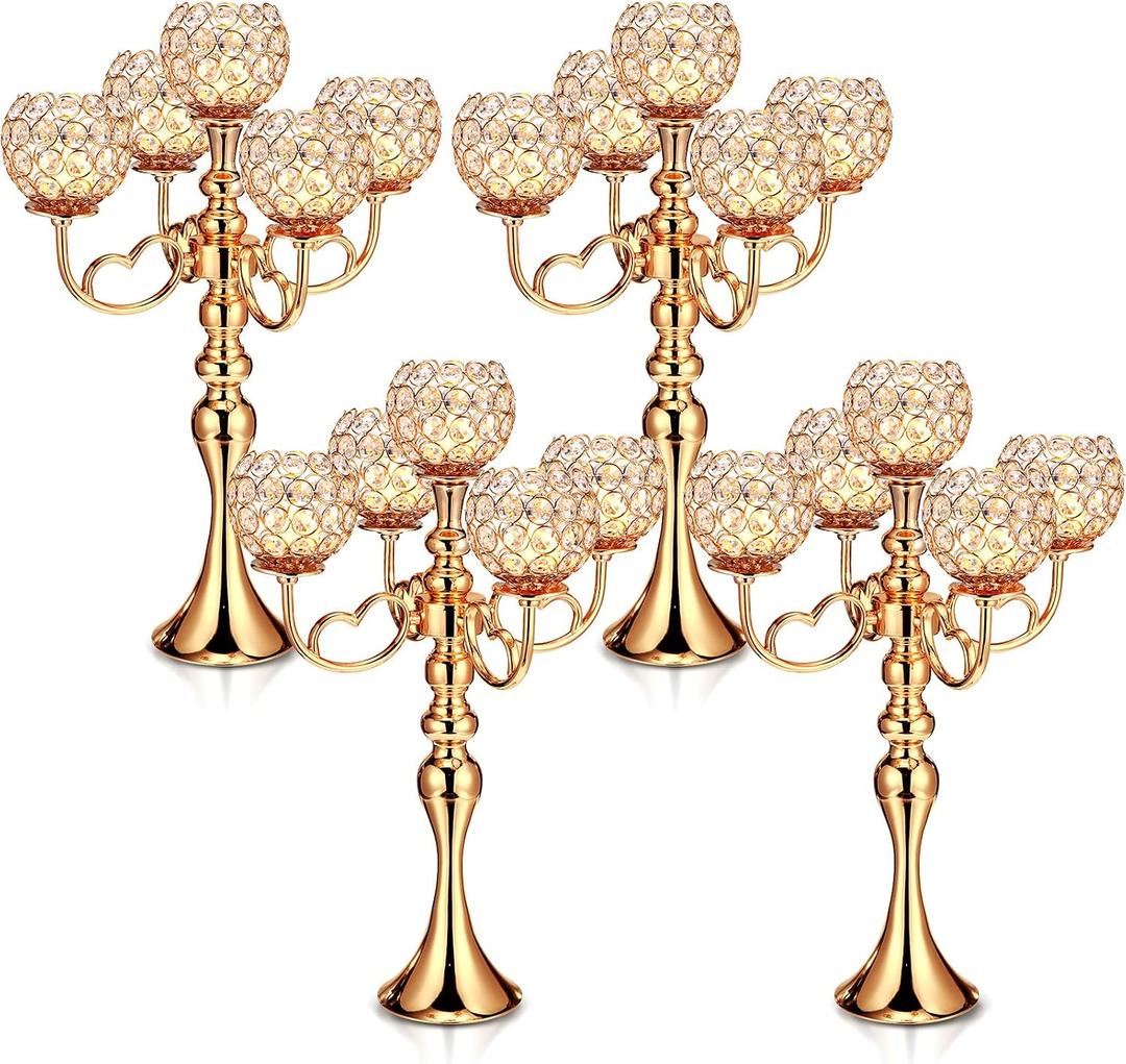 Tioncy 4 Pcs 5 Arm Crystal Candelabra Centerpieces for Tables 21.5 Inch Tall Crystal Candle Holders Bowl for Home Wedding Dinner Anniversary Party Events Table Decoration (Gold)